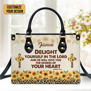 Delight Yourself In The Lord Psalm 374 Sunflower And Cross - Unique Personalized Leather Handbag - AT4080930