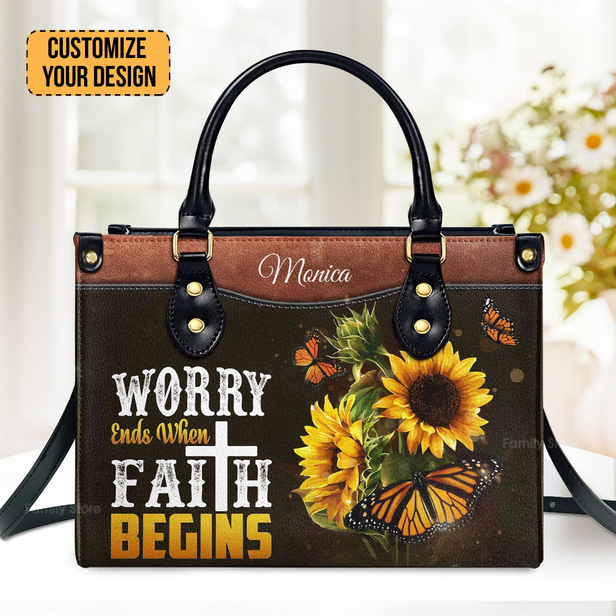 Worry Ends When Faith Begins Lovely Butterfly - Thoughtful Gift For Christians - Personalized Leather Handbag With Handle - AT4081465