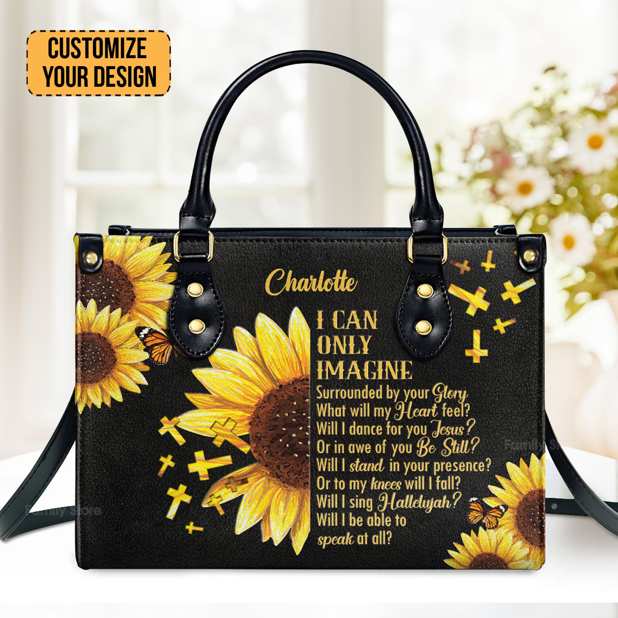 I Can Only Imagine Sunflower And Cross - Personalized Leather Handbag With Handle - AT4080914