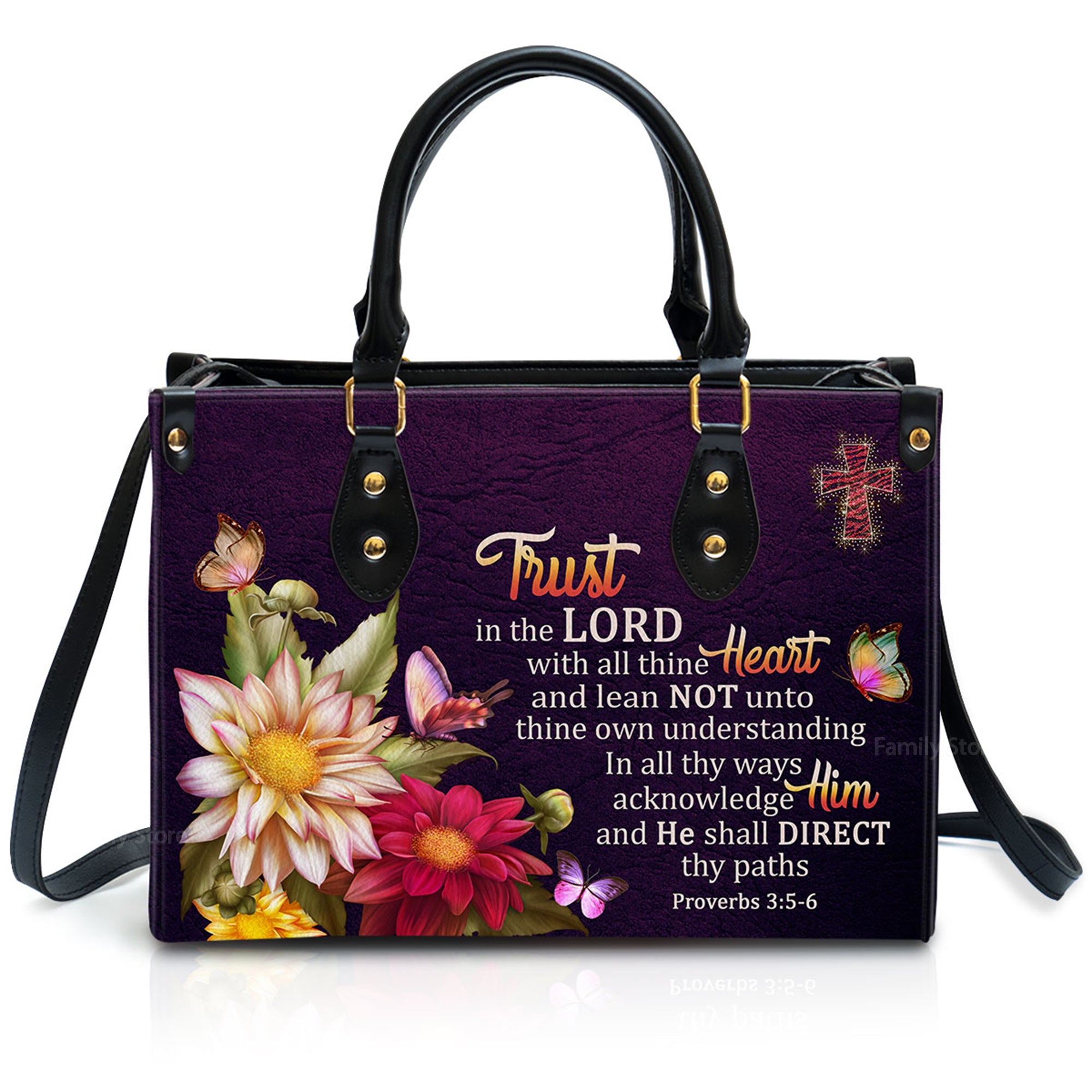 Proverbs 35-6 Trust In The Lord With All Thine Heart Flower And Cross - Scripture Gifts For Women Of God - Personalized Leather Handbag With Handle - AT4081310