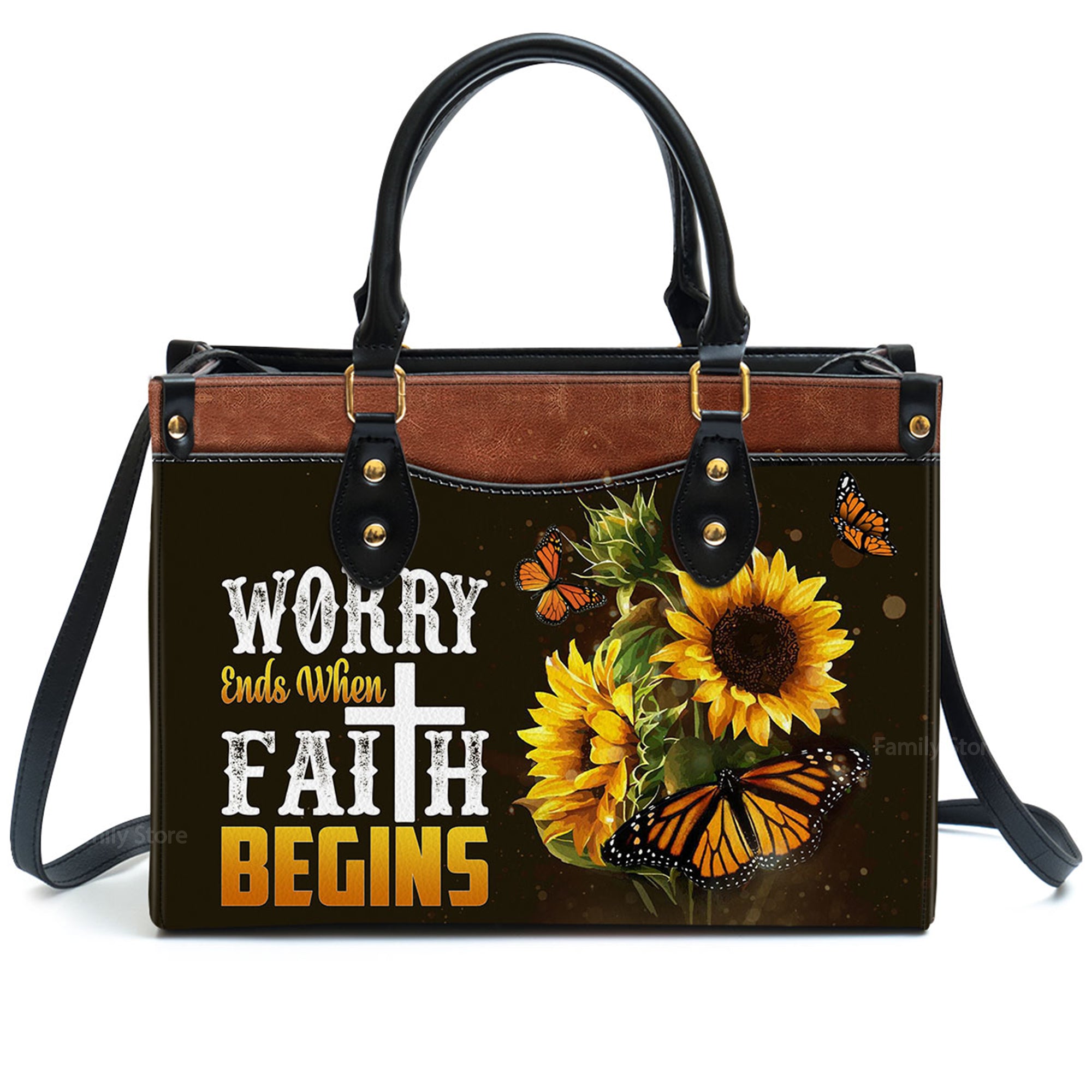 Worry Ends When Faith Begins Lovely Butterfly - Thoughtful Gift For Christians - Personalized Leather Handbag With Handle - AT4081465