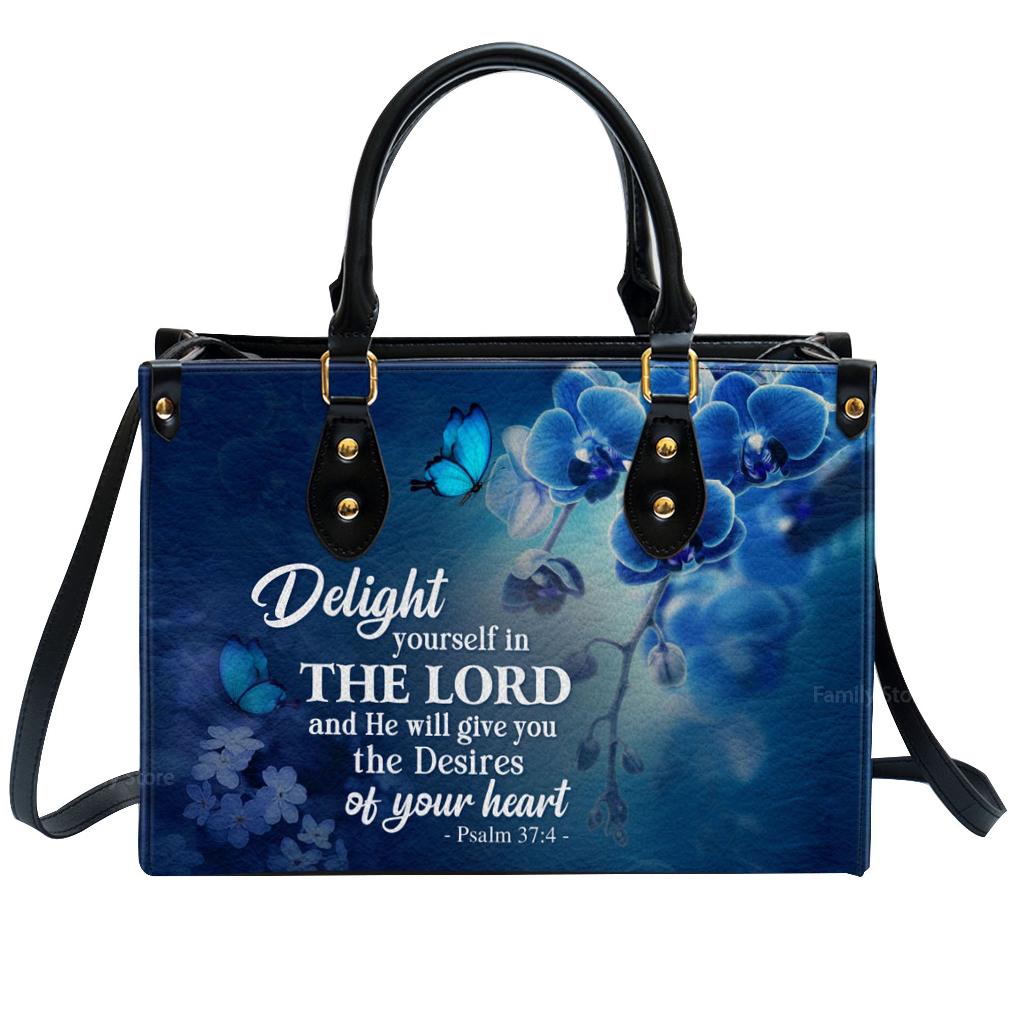 Delight Yourself In The Lord Psalm 374 Blue Orchids And Lilac - Thoughtful Gift For Christians - Personalized Leather Handbag With Handle - AT4080922