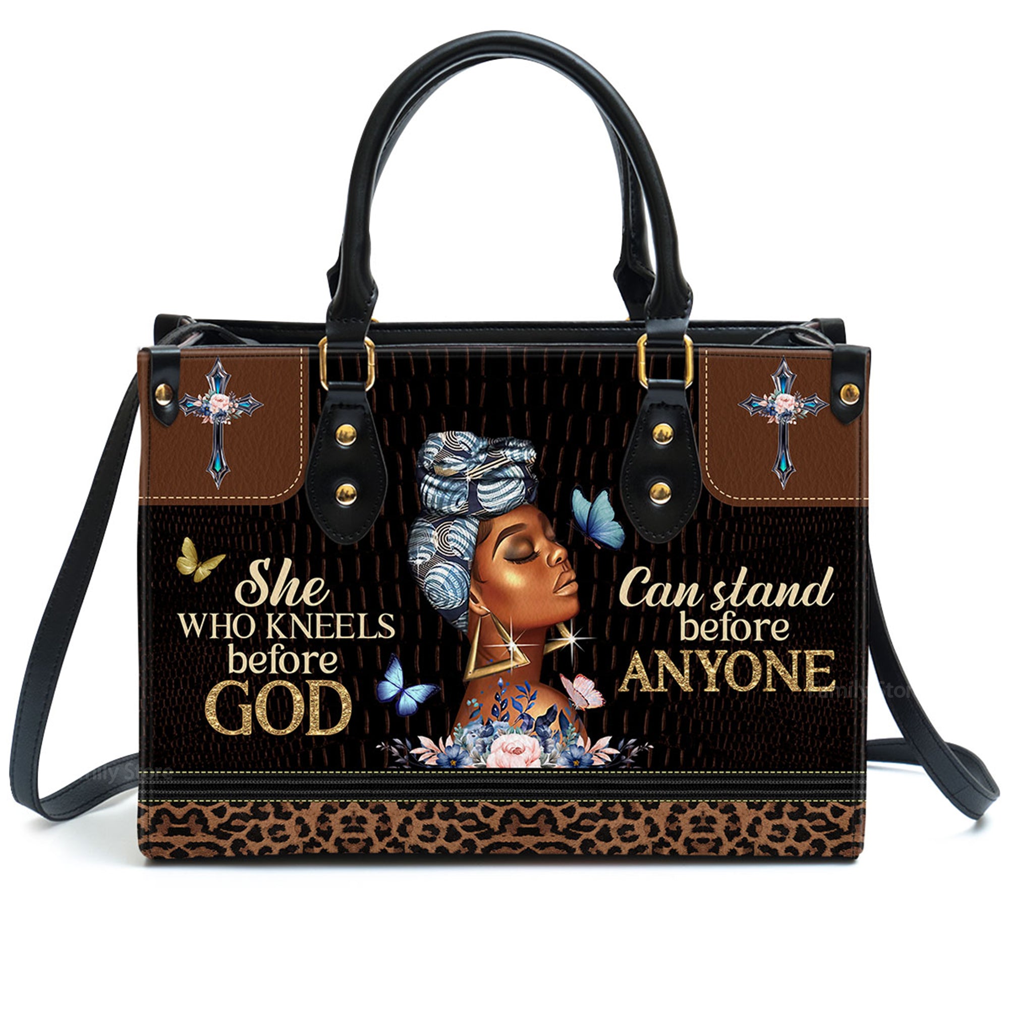 She Who Kneels Before God Can Stand Before Anyone - Personalized Leather Handbag With Handle - AT4081456