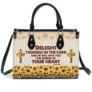 Delight Yourself In The Lord Psalm 374 Sunflower And Cross - Unique Personalized Leather Handbag - AT4080930