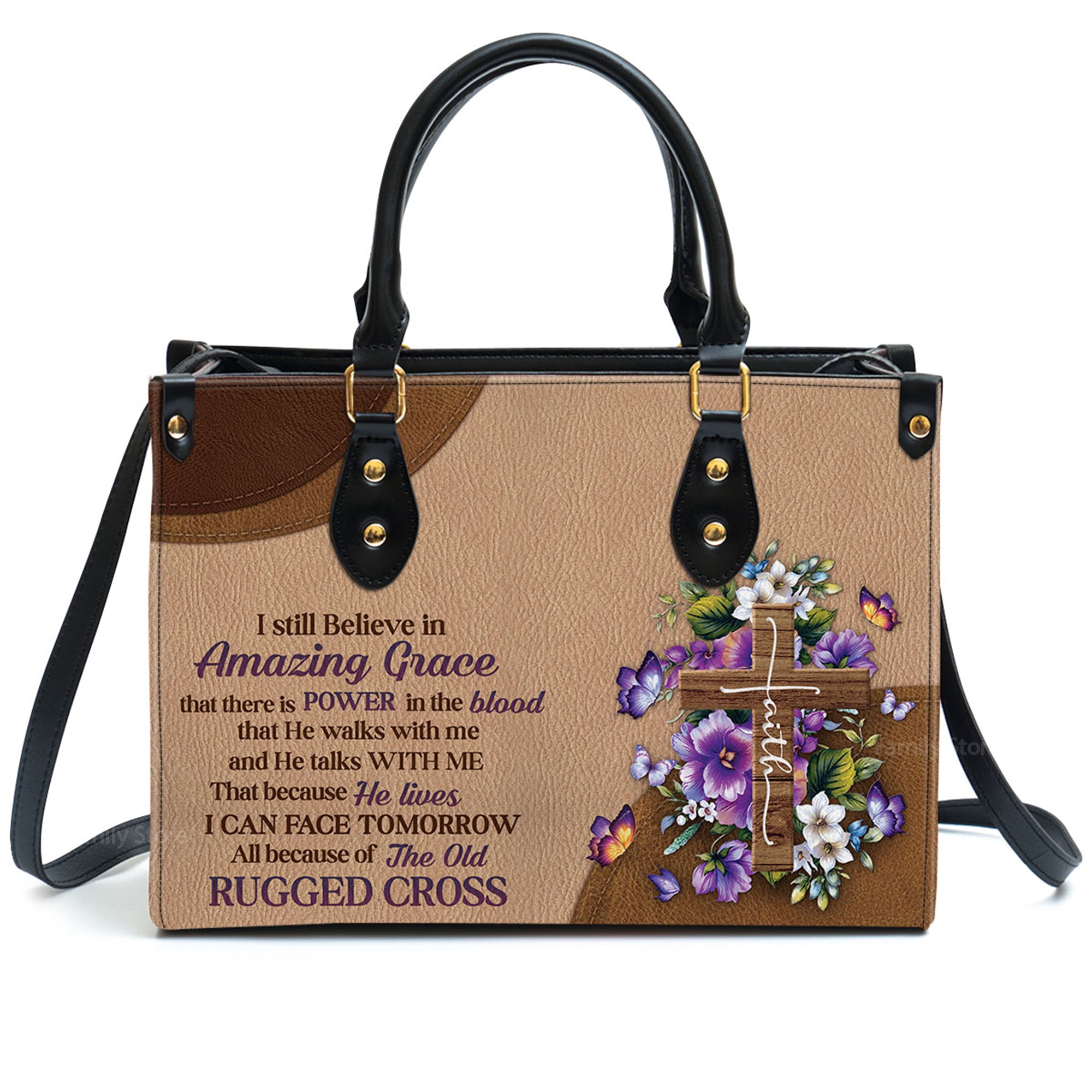 Stunning Floral Cross I Still Believe In Amazing Grace - Awesome Personalized Leather Handbag - AT4081433