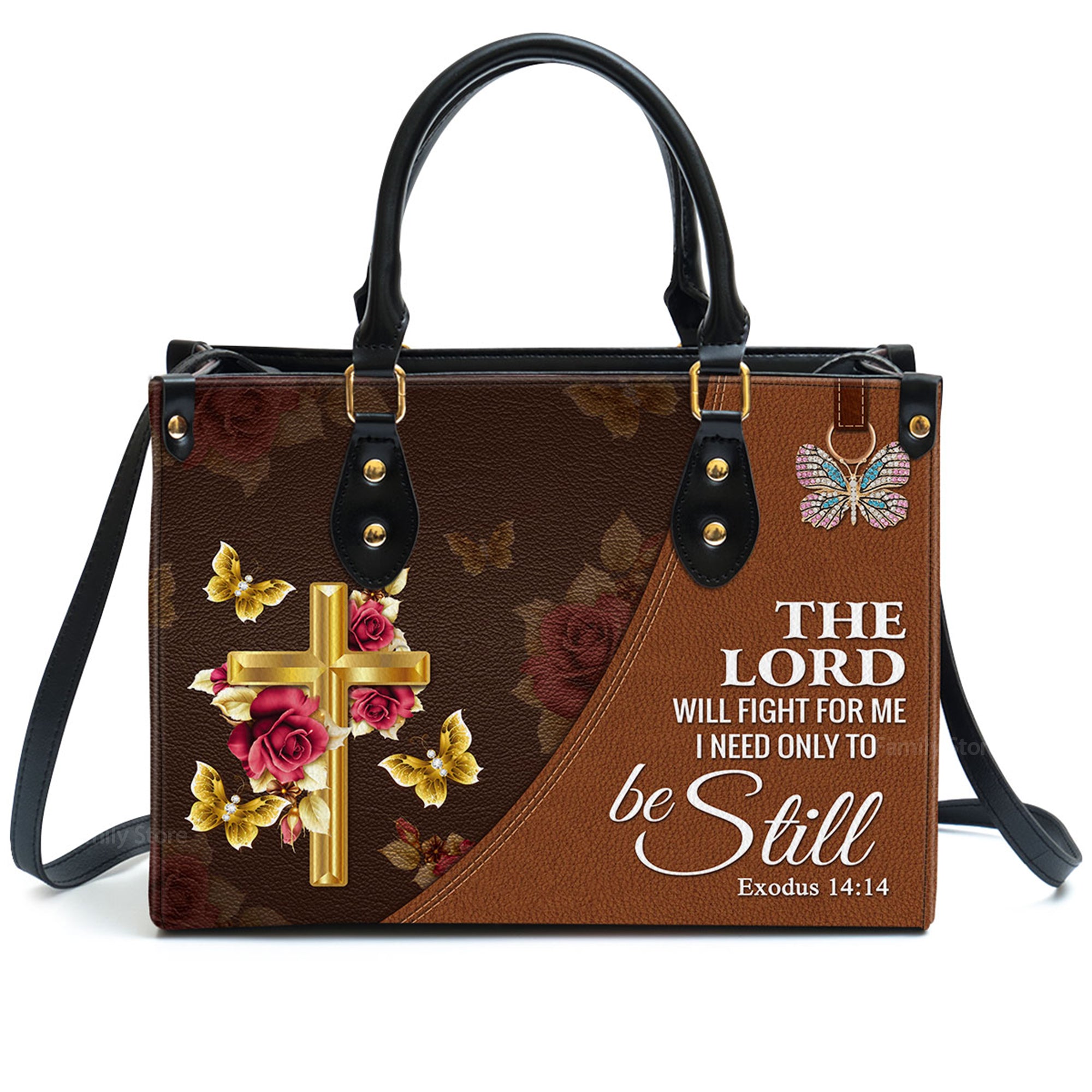 The Lord Will Fight For Me Floral Cross - Personalized Leather Handbag With Handle - AT4081438