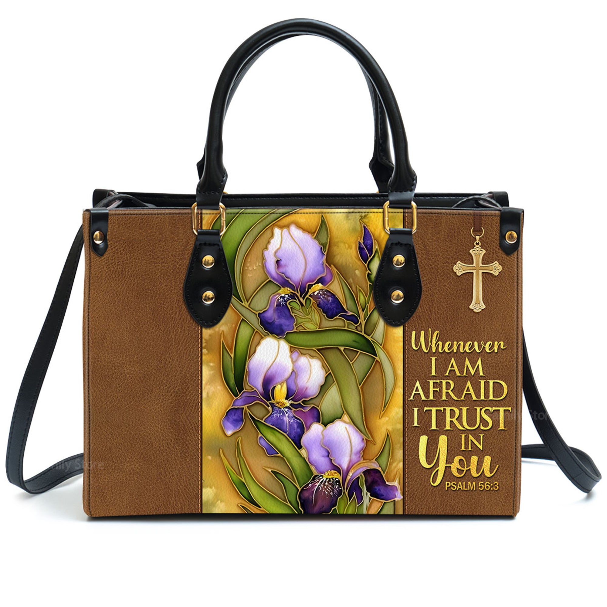 Flower And Cross Whenever I Am Afraid, I Trust In You Psalm 56:3 - Unique Personalized Leather Handbag - AT4080847