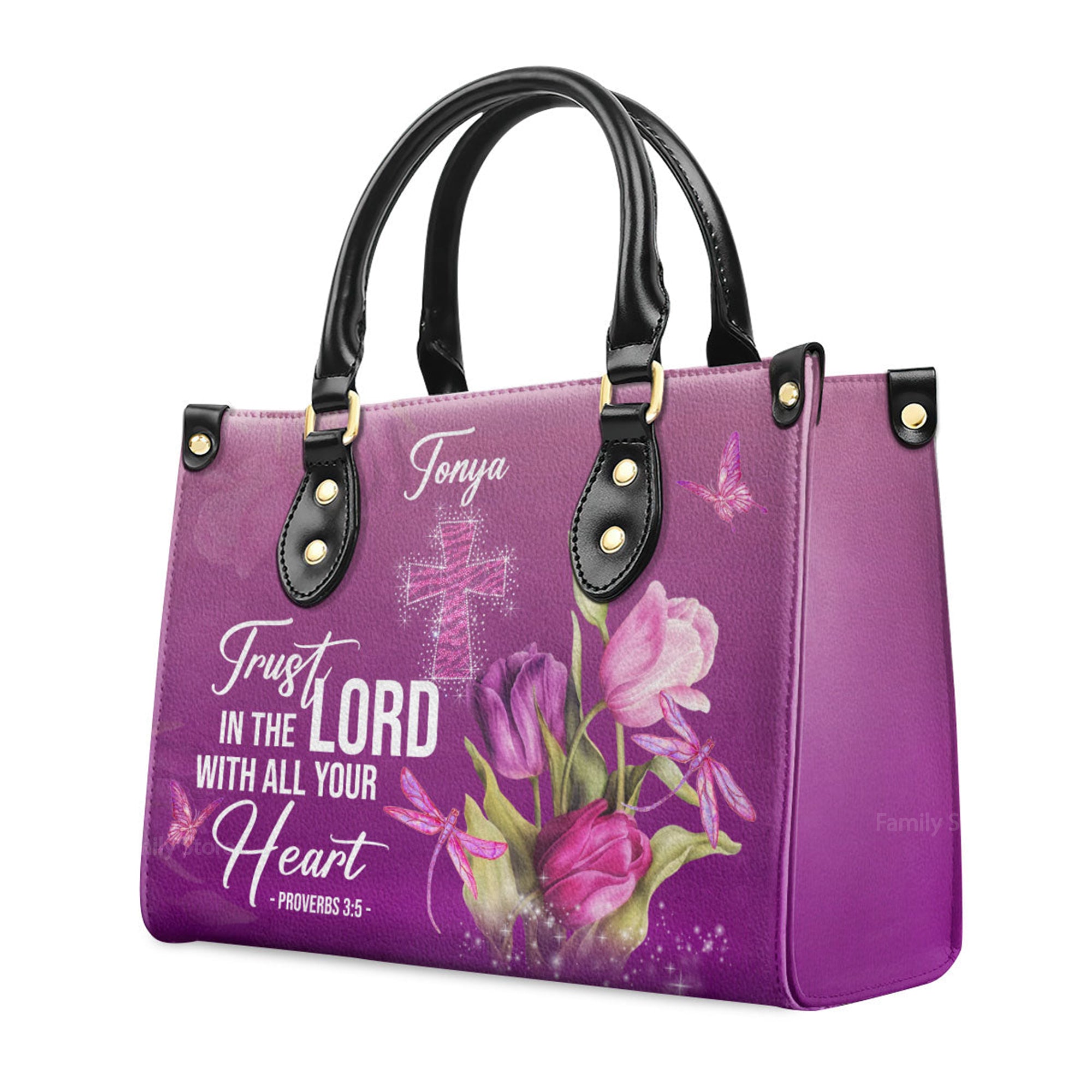 Trust In The Lord With All Your Heart Proverbs 35 Tulip And Cross - Thoughtful Gift For Christians - Personalized Leather Handbag With Handle - AT4081241