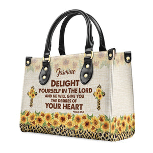 Delight Yourself In The Lord Psalm 374 Sunflower And Cross - Unique Personalized Leather Handbag - AT4080930