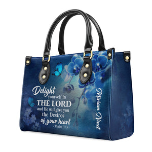 Delight Yourself In The Lord Psalm 374 Blue Orchids And Lilac - Thoughtful Gift For Christians - Personalized Leather Handbag With Handle - AT4080922