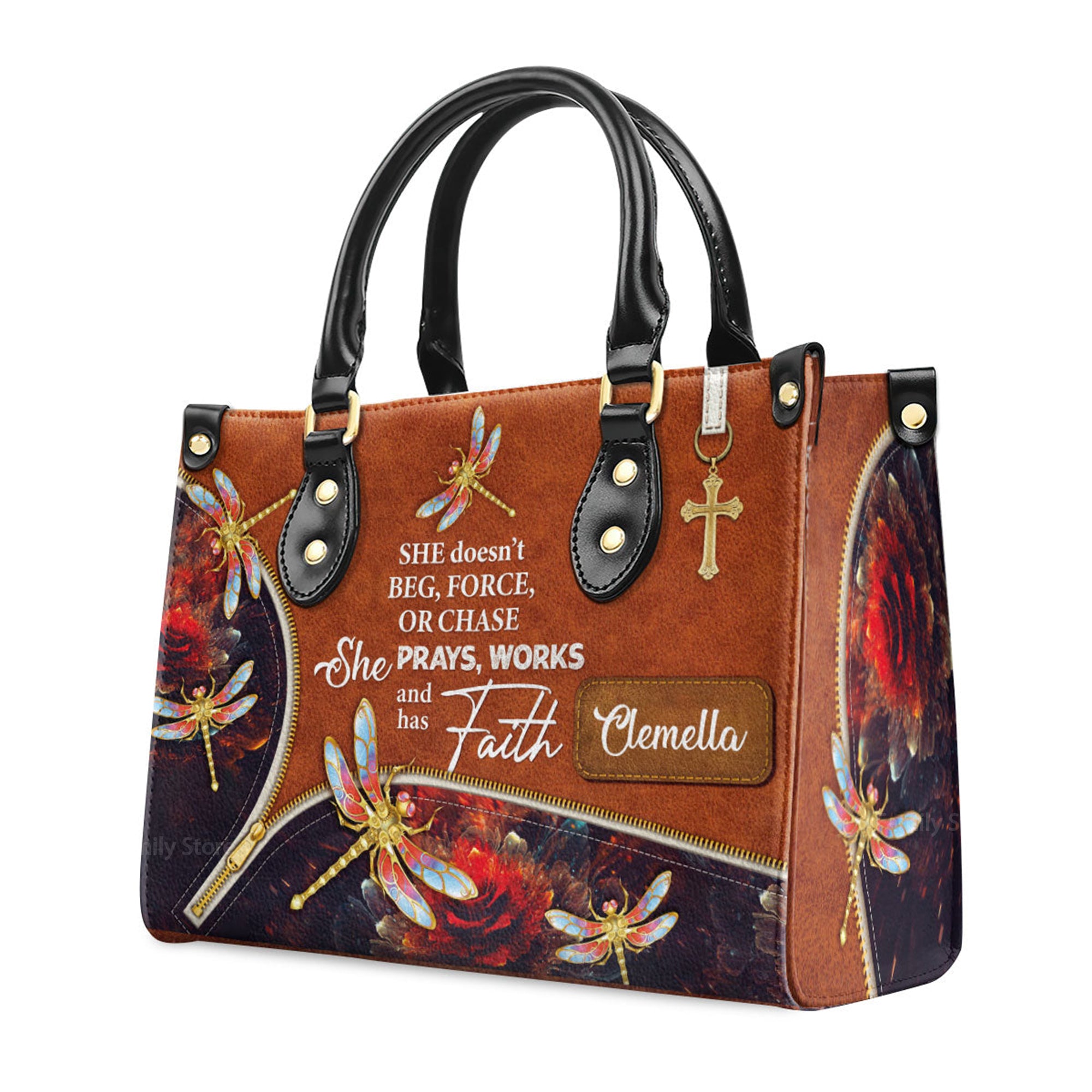 She Prays, Works, And Has Faith Pretty Dragonfly - Unique Personalized Leather Handbag - AT4081413