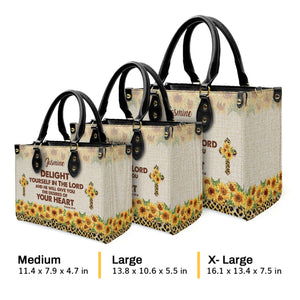 Delight Yourself In The Lord Psalm 374 Sunflower And Cross - Unique Personalized Leather Handbag - AT4080930