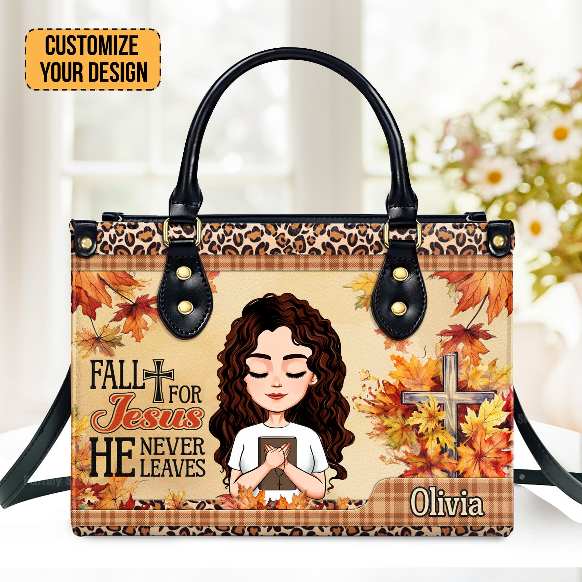 Fall For Jesus He Never Leaves - Thoughtful Gift For Christians - Personalized Leather Handbag With Handle - AT4080742