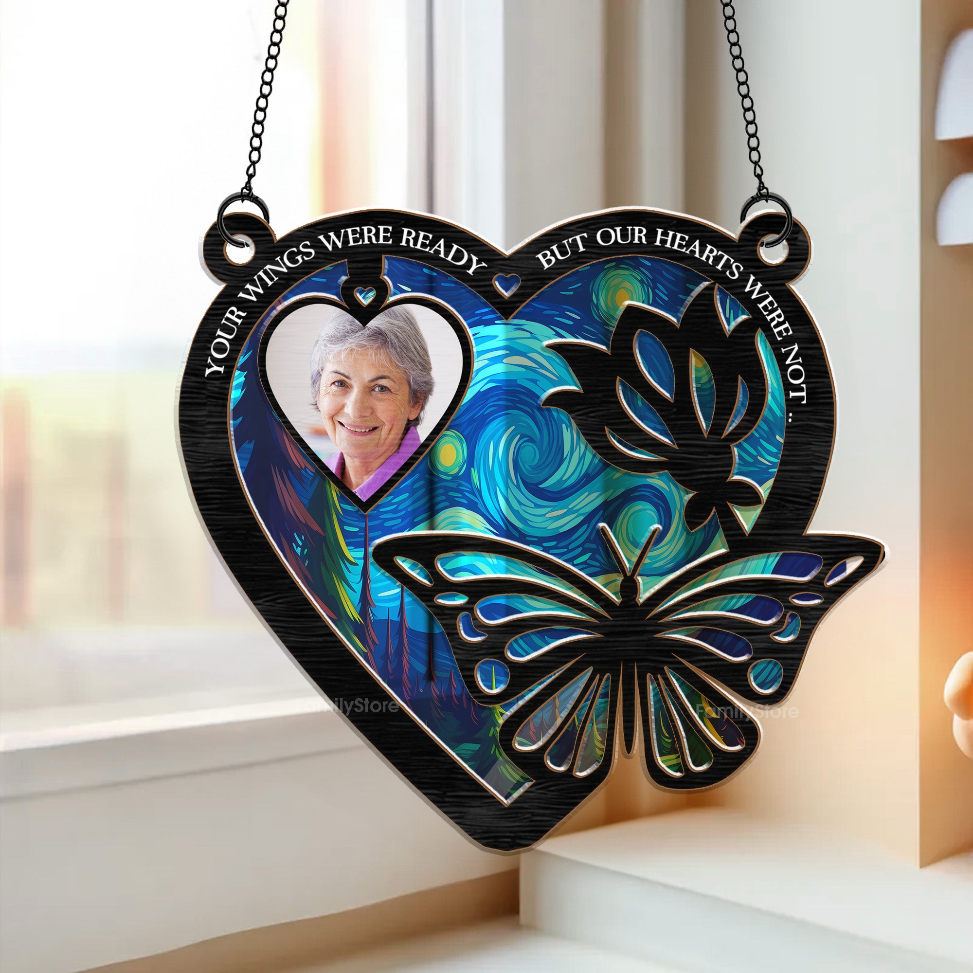 Your Wings Were Ready But Our Hearts Were Not - Memorial Gift - Personalized Window Hanging Suncatcher Ornament NA94