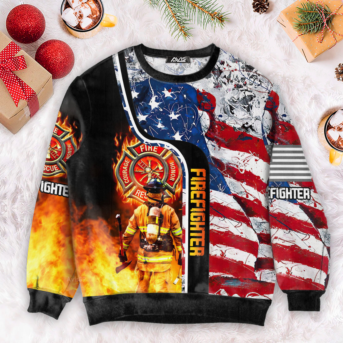 Firefighter USA Flag Christmas Ugly Sweater