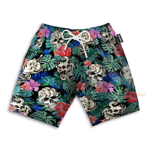 Skull And Snake In Green Leaves Pattern - Beach Shorts