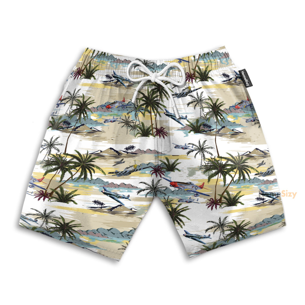 Aircraft Palm Tree On Island Pattern - Beach Shorts