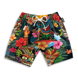 Tiki Awesome In Green Leaves Pattern - Beach Shorts