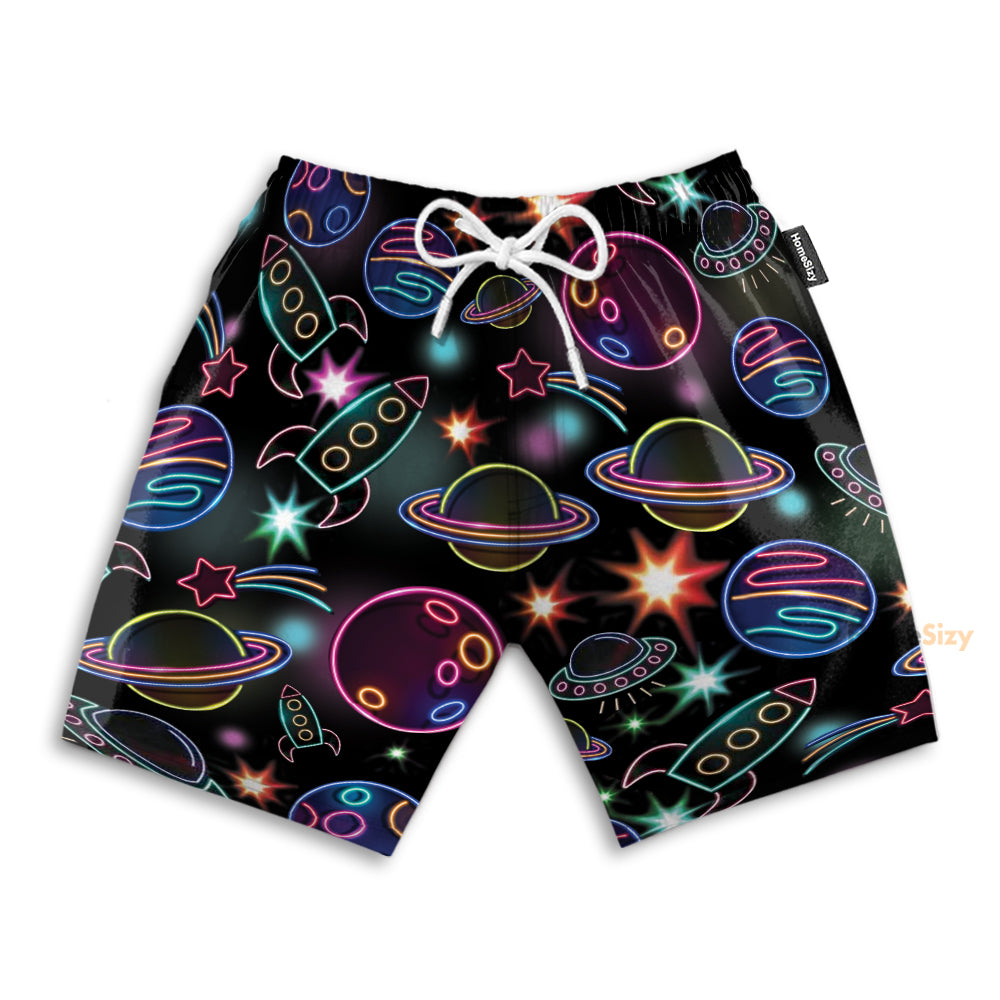 Glowing Space With Rainbow Star Neon - Beach Shorts