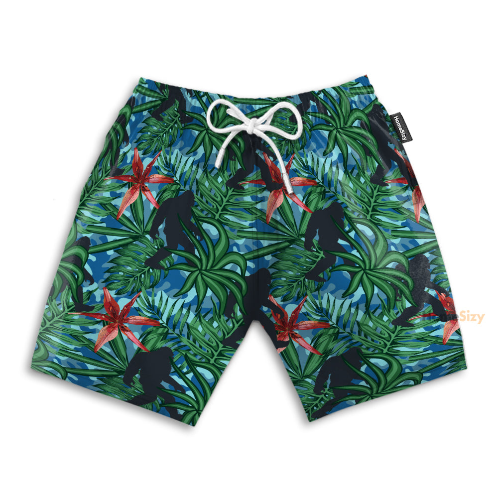 Silhouette Walking Bigfoot Leaves Pattern - Beach Shorts