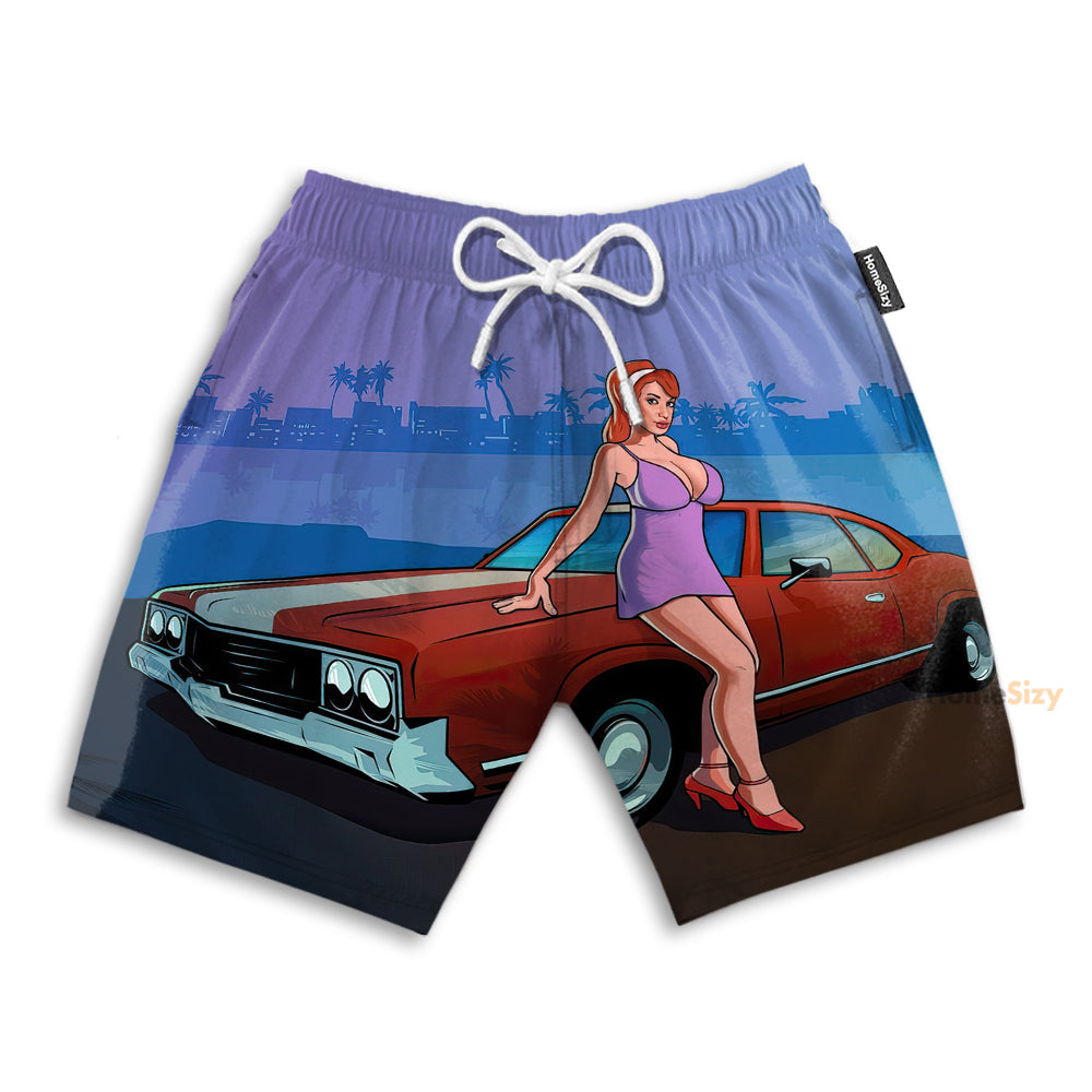 GTA Vice City Stories Red Car Funny - Beach Shorts