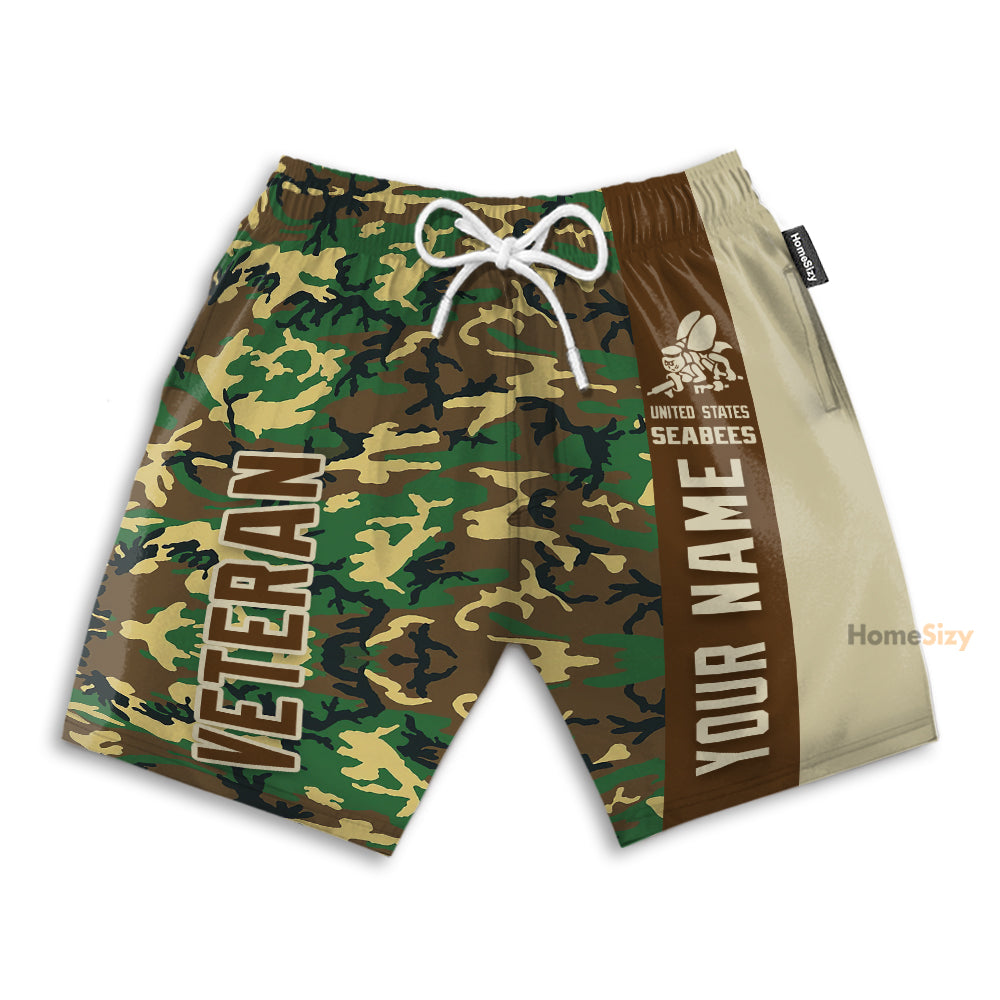 Custom Name US Seabees Veteran - Personalized Beach Shorts