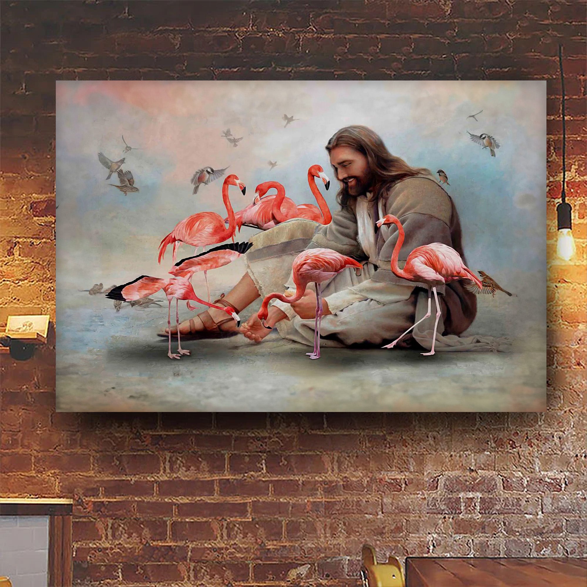 God Jesus Surrounded By Flamingos Angles Canvas