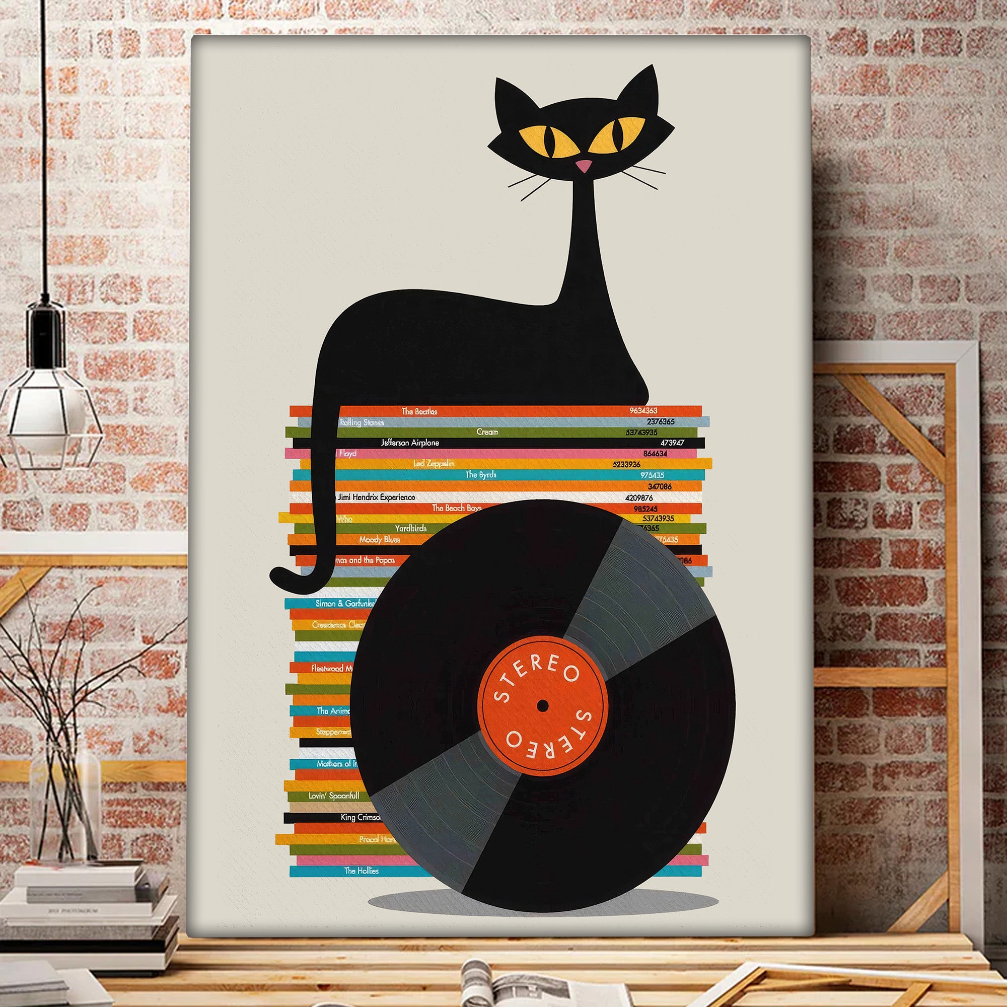 Avis89 Rock Music Mid Century Modern Black Cat Atomic Cat Gift Canvas