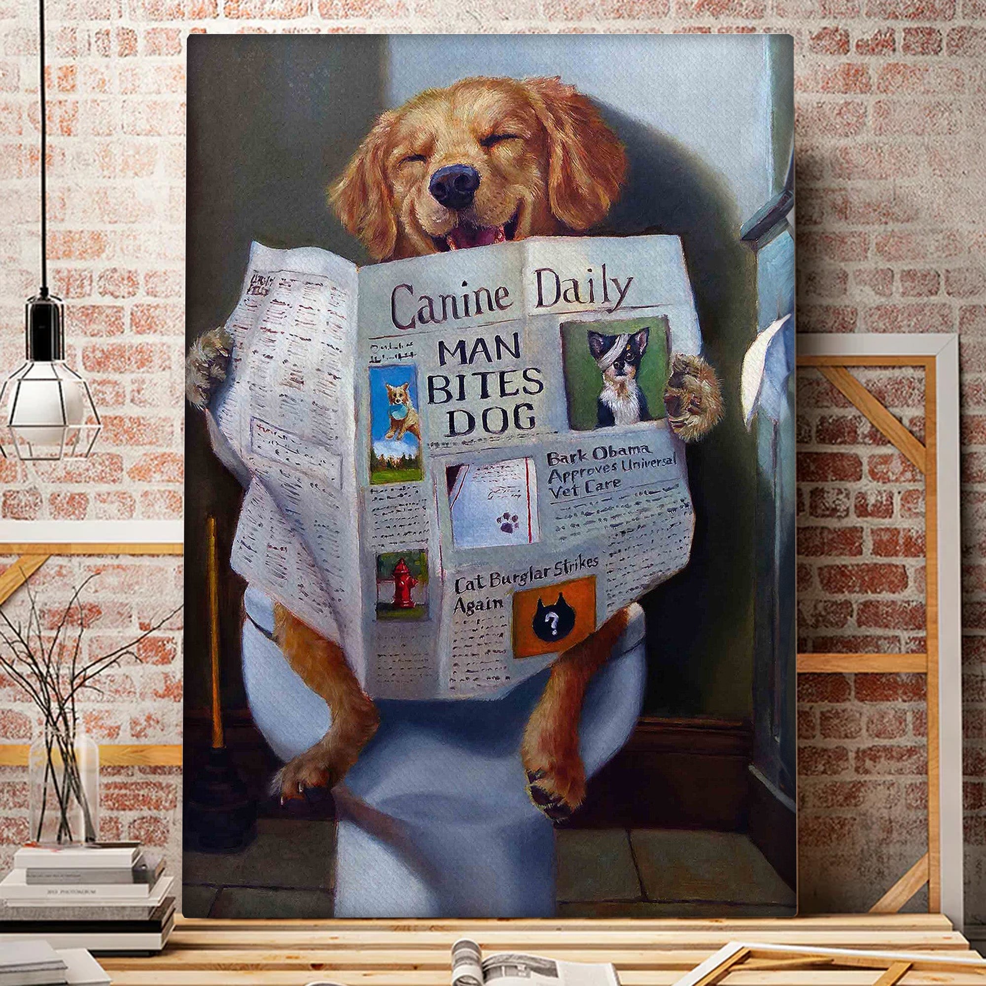 Avis89 Canine Daily Golden Retriever Restroom Man Bites Dog Funny - Canvas