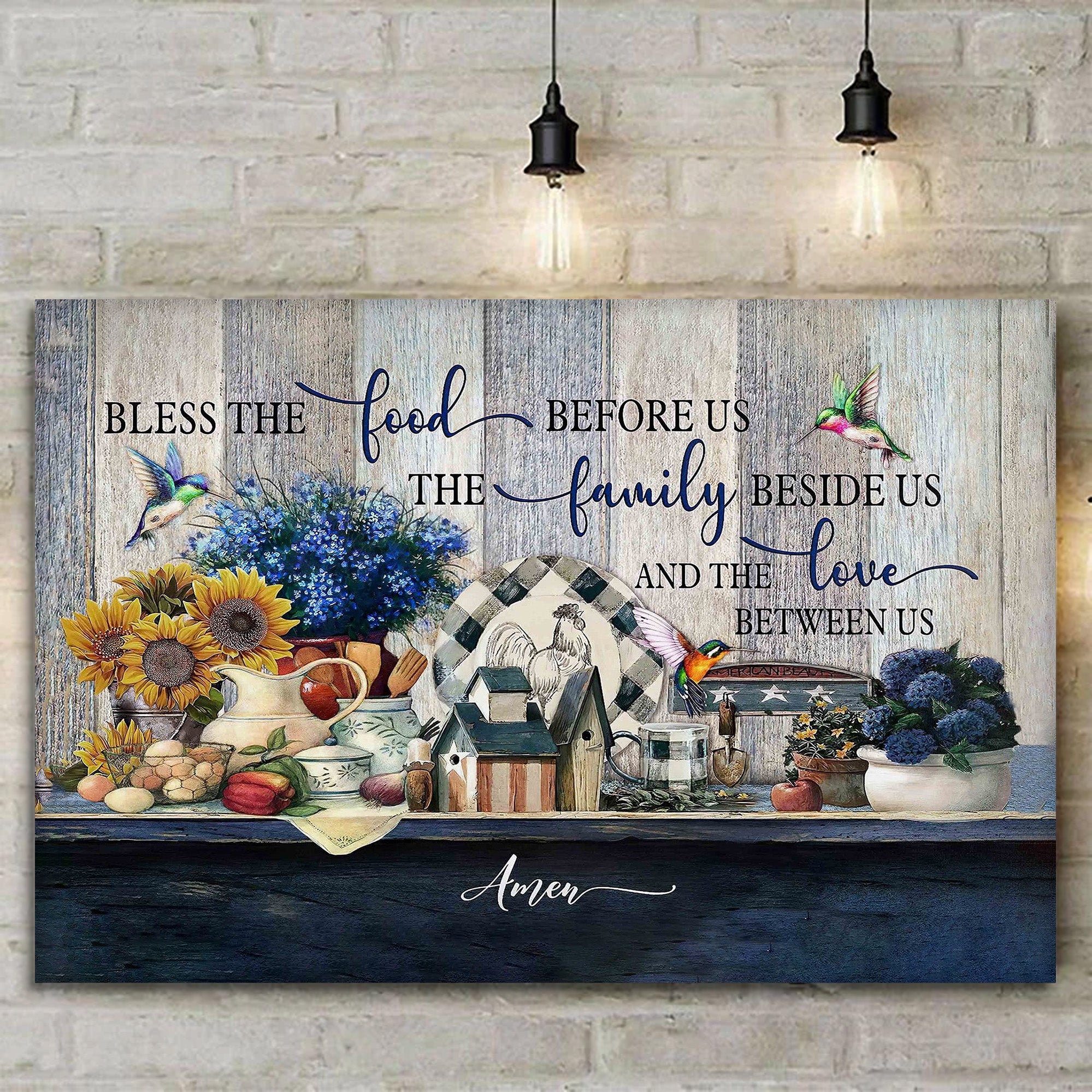 Avis89 Bless The Food Before Us Hummingbird Sunflower Flowers Kitchen - Canvas