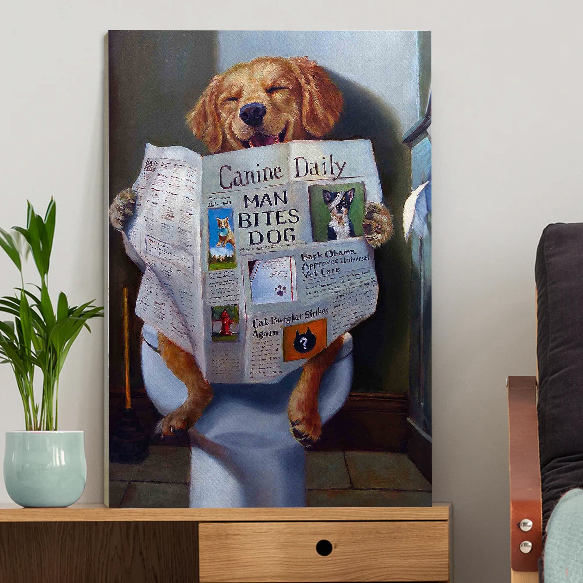 Avis89 Canine Daily Golden Retriever Restroom Man Bites Dog Funny - Canvas