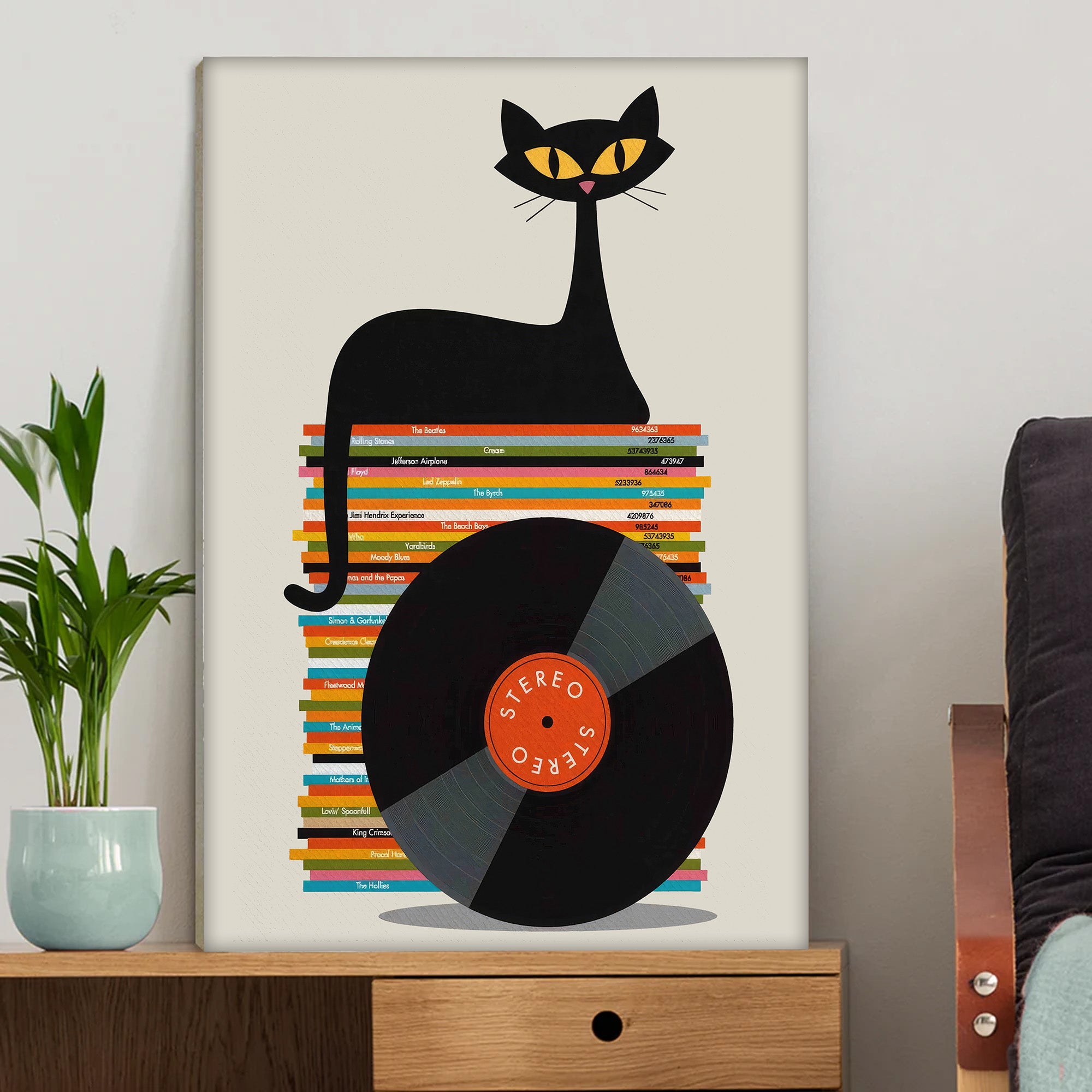 Avis89 Rock Music Mid Century Modern Black Cat Atomic Cat Gift Canvas