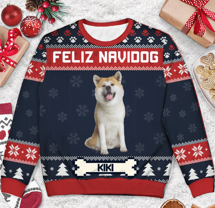 Custom Photo Feliz Navidog - Christmas Gift For Pet Lovers - Personalized Ugly Sweater