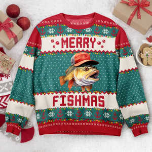 Merry Fishmas With Hat - Gift For Fishing Lovers, Dad, Grandpa - Personalized Ugly Christmas Sweater