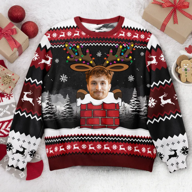 Custom Photo Christmas Reindeer Face - Personalized Ugly Sweater