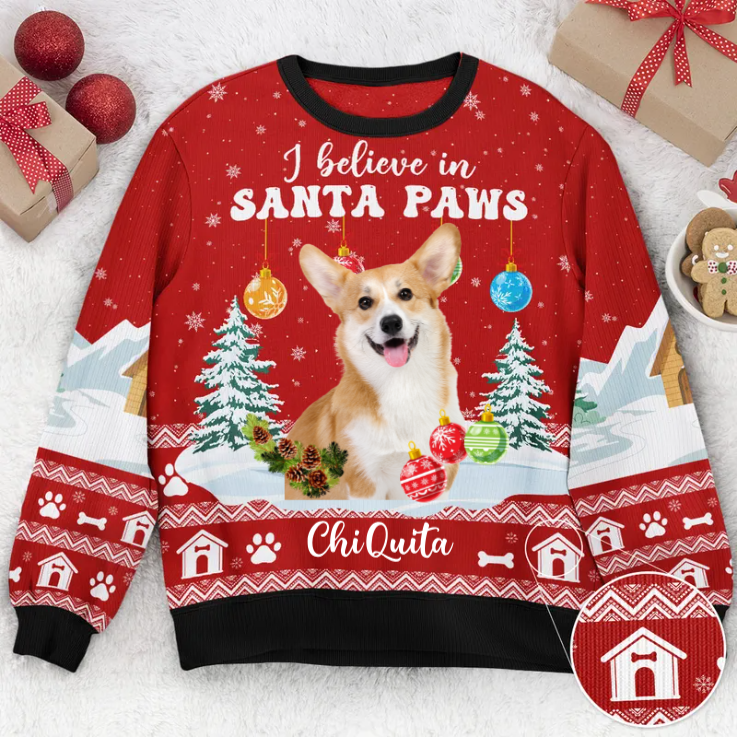 Custom Photo I Believe In Santa Paws - Gift For Dog, Cat Lovers - Personalized Ugly Christmas Sweater