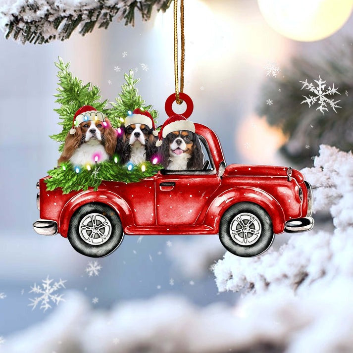 Cavalier King Charles Spaniel Red Car Christmas Ornament