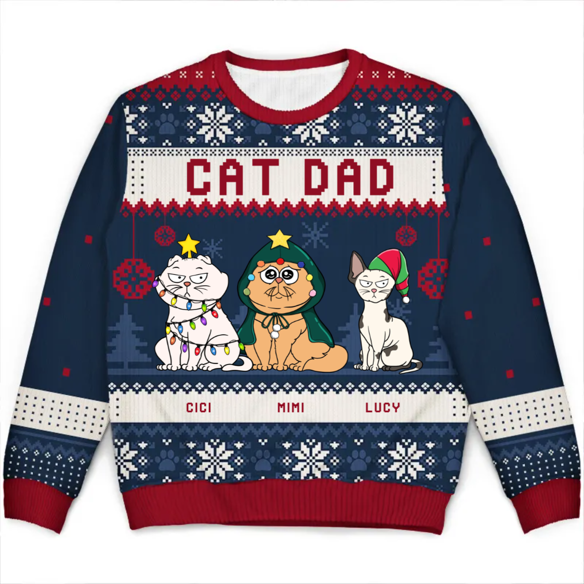 Cat Mom Cat Dad Funny Cartoon Cats - Gift For Cat Lovers - Personalized Ugly Christmas Sweater