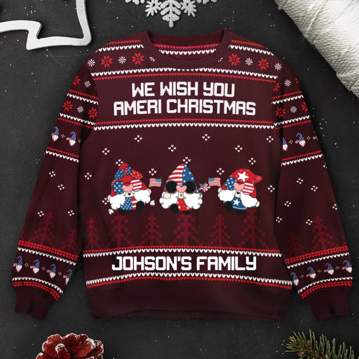 America Gnome We Wish You Ameri Christmas - Personalized Ugly Sweater