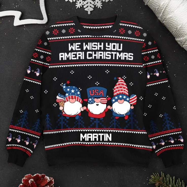 America Gnome We Wish You Ameri Christmas - Personalized Ugly Sweater