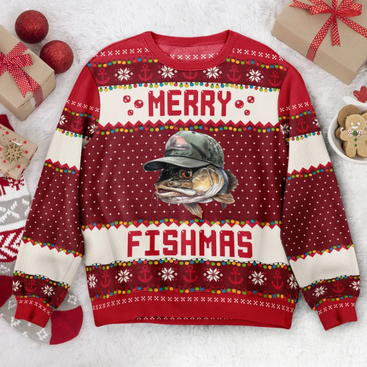 Merry Fishmas With Hat - Gift For Fishing Lovers, Dad, Grandpa - Personalized Ugly Christmas Sweater