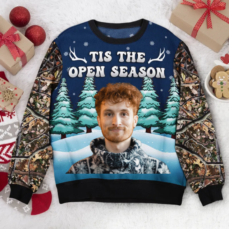 Custom Photo Tis Open The Season - Gift For Hunting Lovers - Personalized Ugly Christmas Sweater