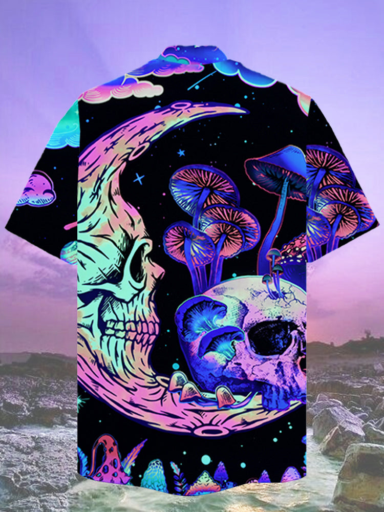 Psychedelic Hippie Moon Skull And Mutated Mushroom Hawaiian Shirt