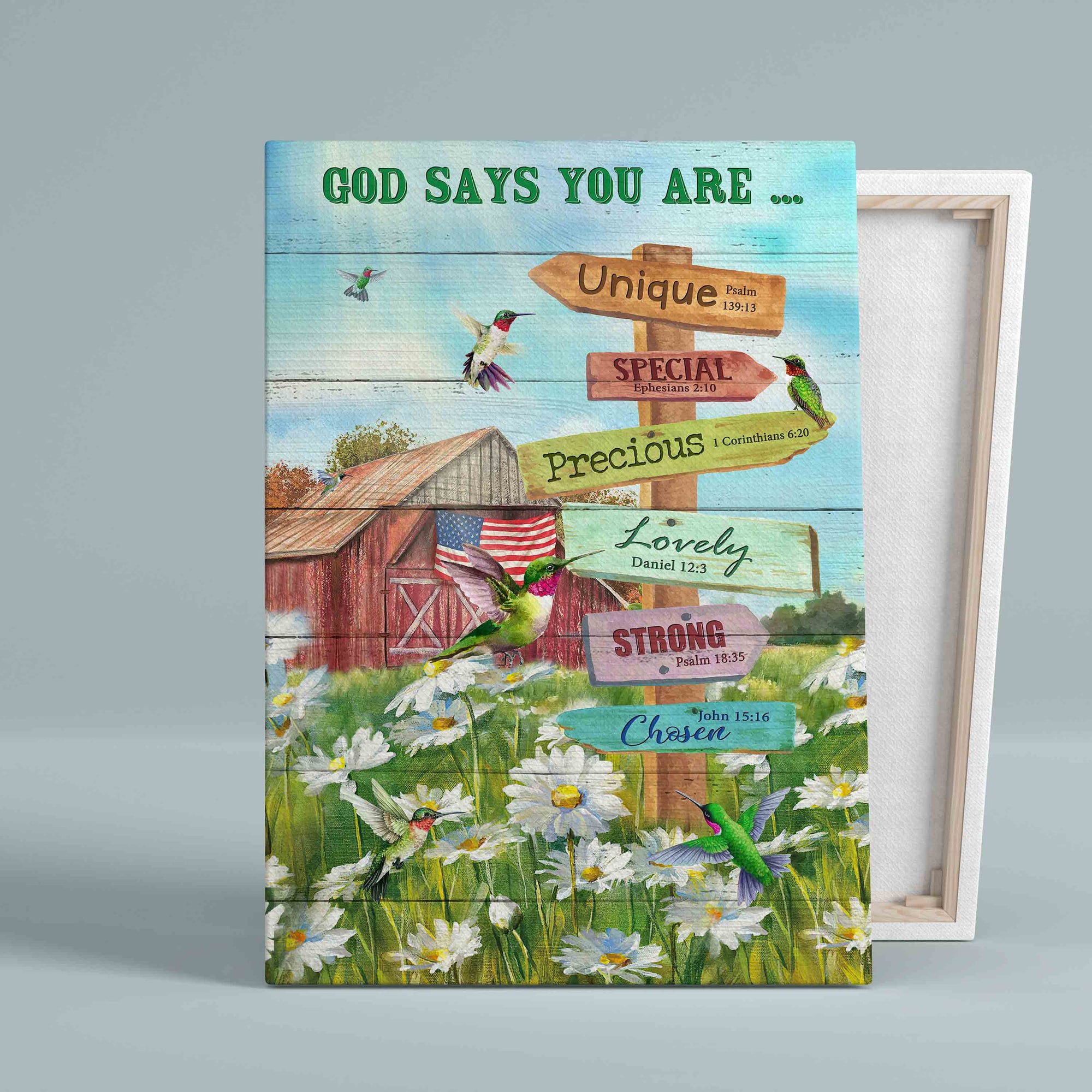 God Says You Are Canvas, Hummingbird Canvas, Daisy Flowers Canvas, Barn Canvas