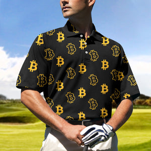 Seamless Pattern Bitcoin Polo Shirt, Luxury Black And Gold Polo Shirt, Best Cryptocurrency Shirt For Men