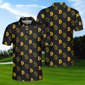 Seamless Pattern Bitcoin Polo Shirt, Luxury Black And Gold Polo Shirt, Best Cryptocurrency Shirt For Men