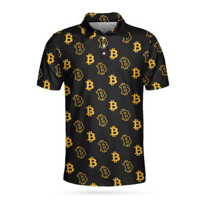 Seamless Pattern Bitcoin Polo Shirt, Luxury Black And Gold Polo Shirt, Best Cryptocurrency Shirt For Men