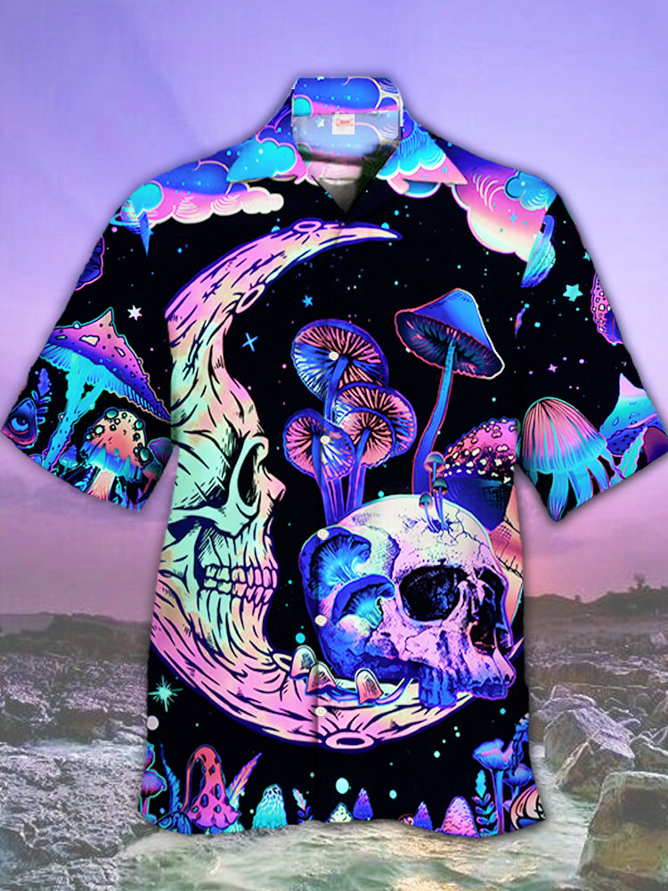 Psychedelic Hippie Moon Skull And Mutated Mushroom Hawaiian Shirt