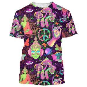 Hippie Buddha listening to music and mushrooms - T-Shirt