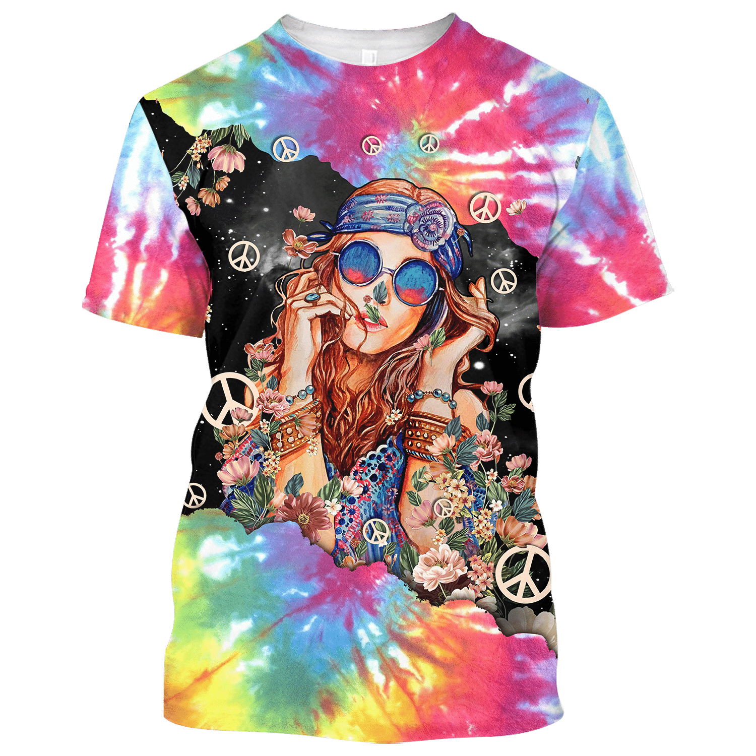 Hippie Girl And Flower Colorful Peace - T-Shirt